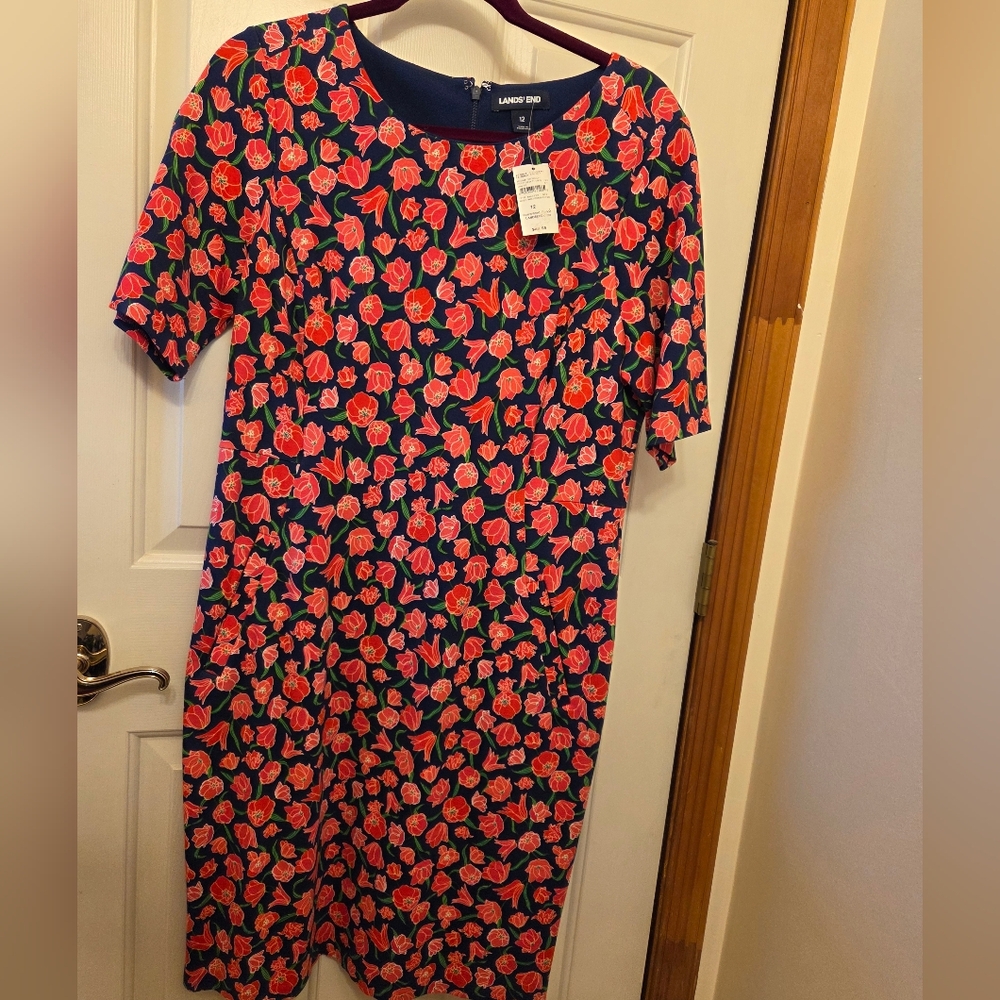 Lands' End Navy Dress with Red and Pink Floral Pattern